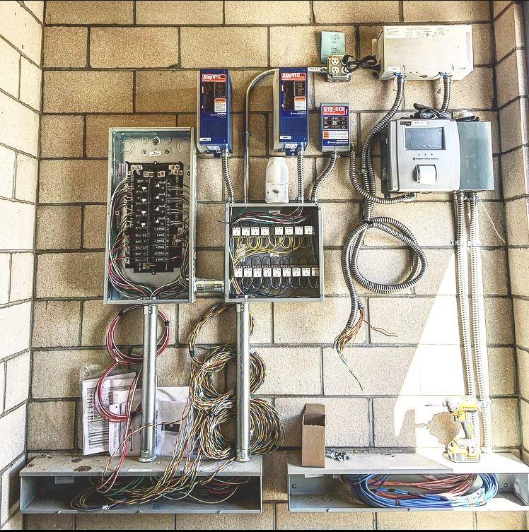 Commercial equipment room with electrical panels and motor controllers